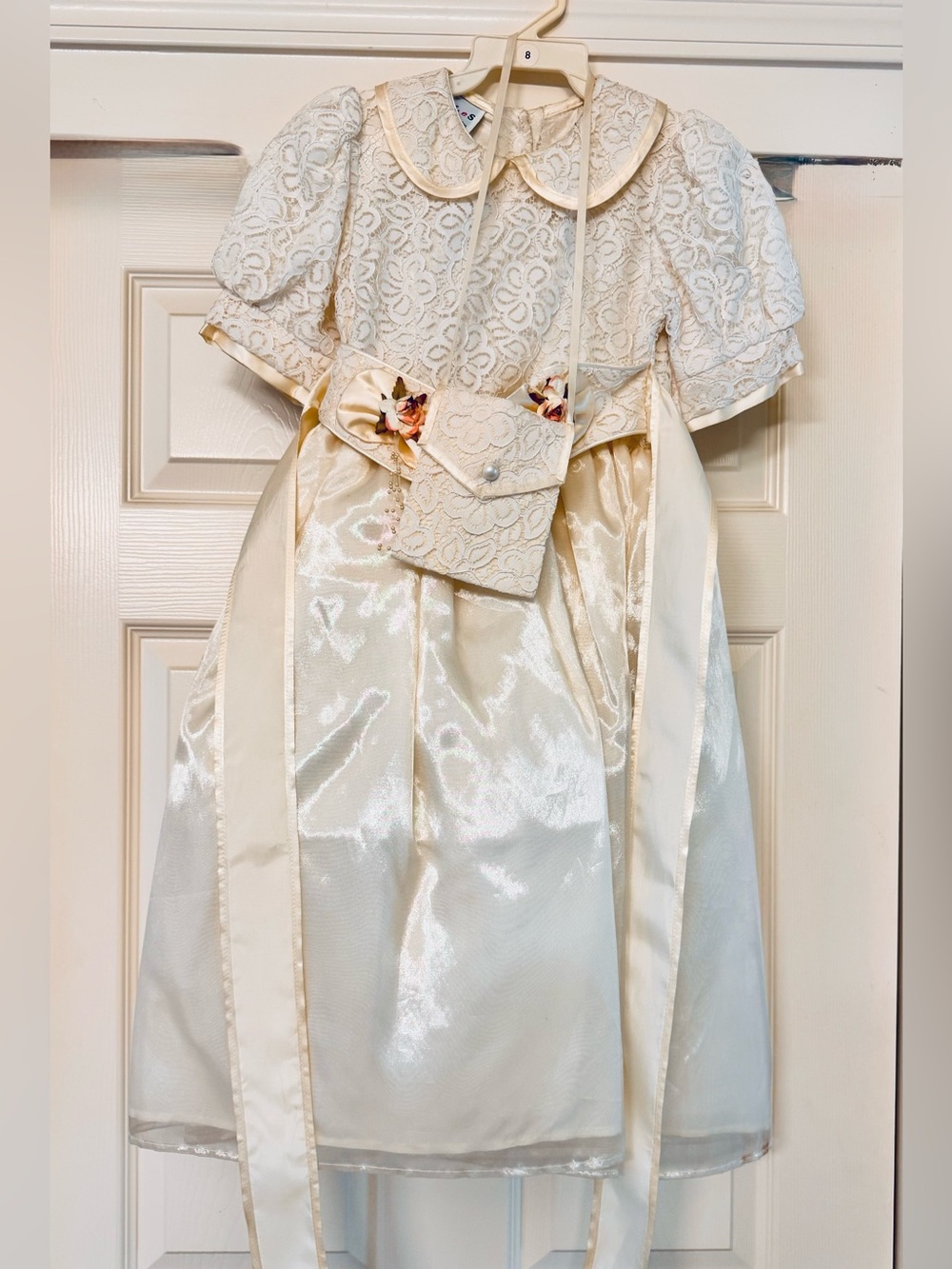 Girls' Ivory Lace & Satin Dress with Bow Accent